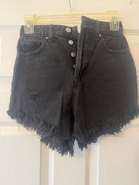 High-Waist Black Denim Frayed Hem Shorts